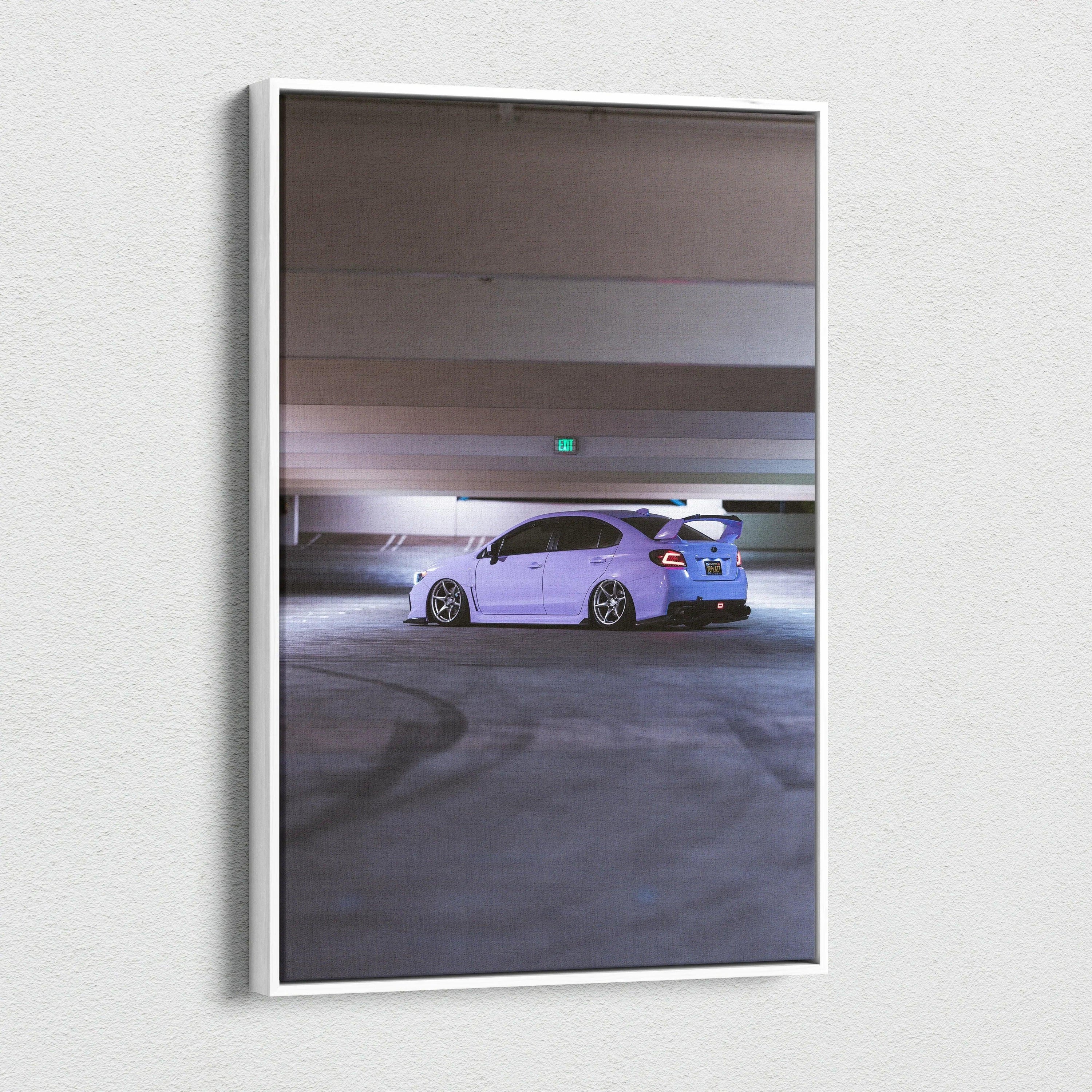 Subaru WRX white car in dim parking garage vertical canvas wall art print.
