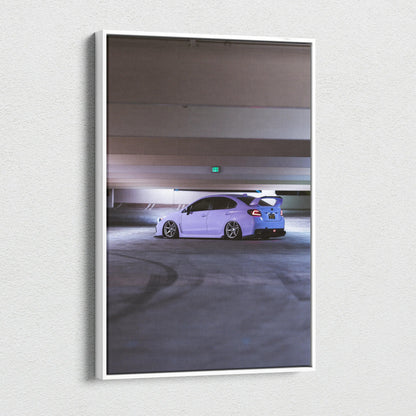Subaru WRX white car in dim parking garage vertical canvas wall art print.