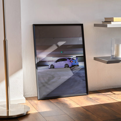 Subaru WRX in purple parked in a modern garage poster wall art print.