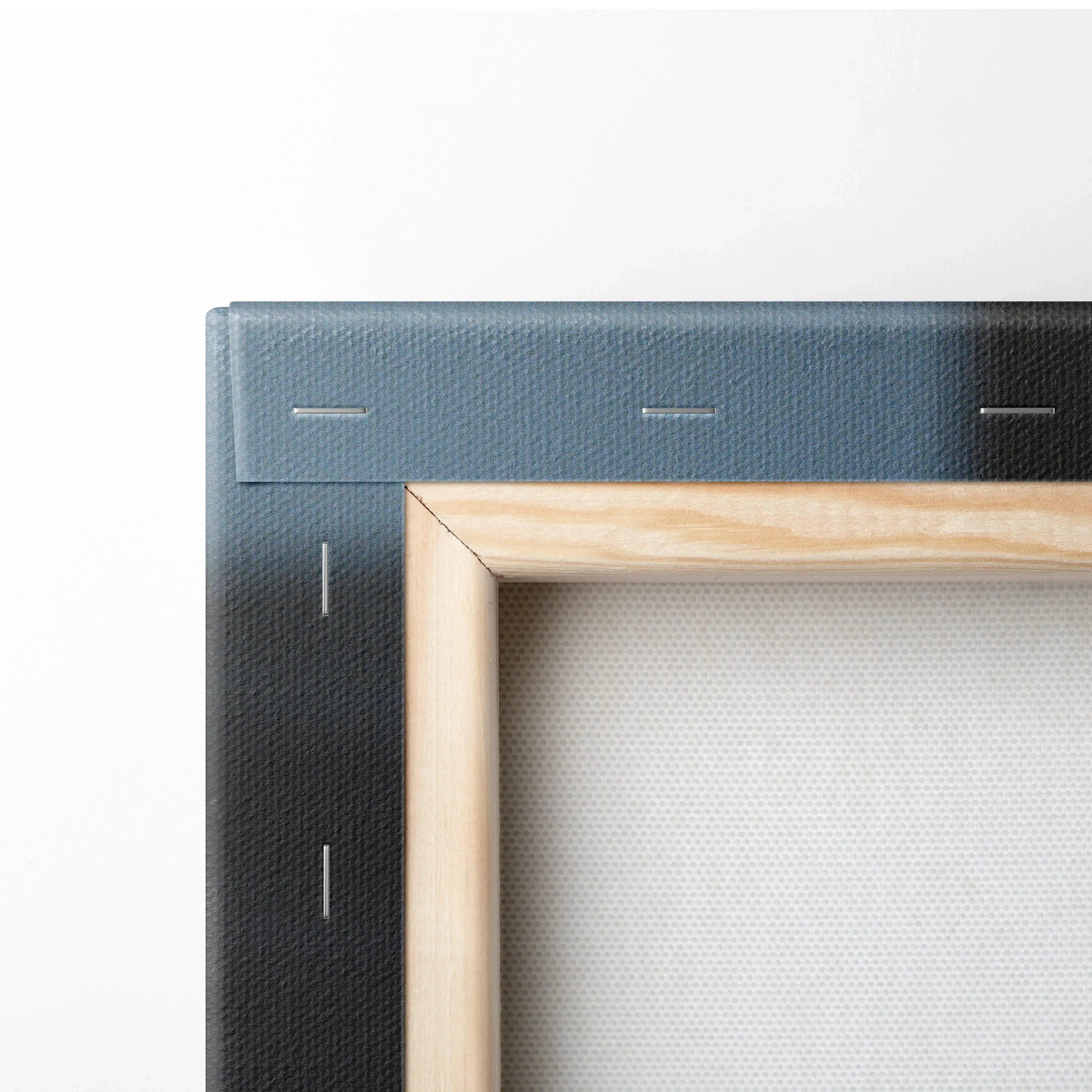 Close-up of wooden frame and black canvas stretcher bars on vertical canvas art wall print.