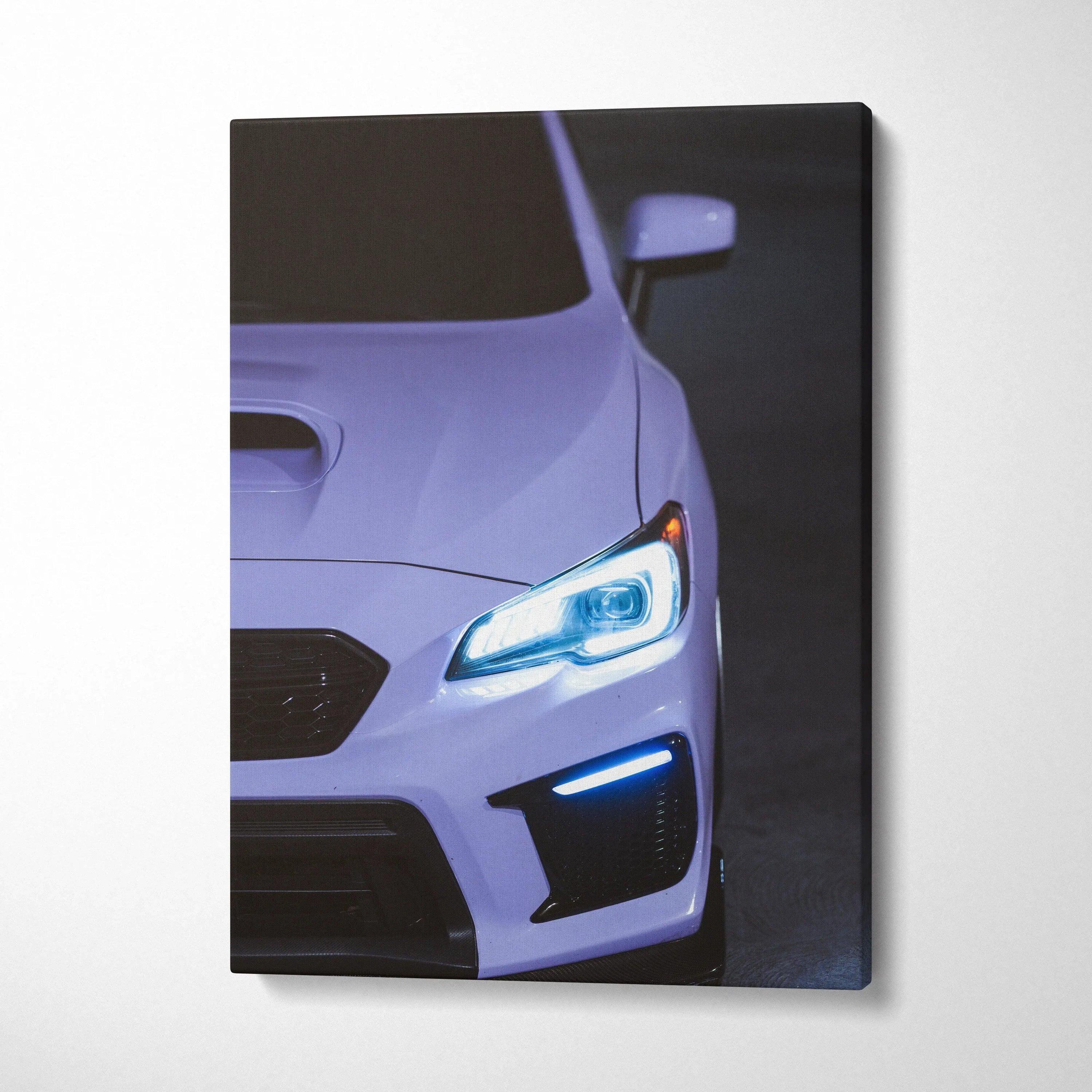 Subaru WRX close-up front view canvas art with illuminated headlights and sleek design wall art.