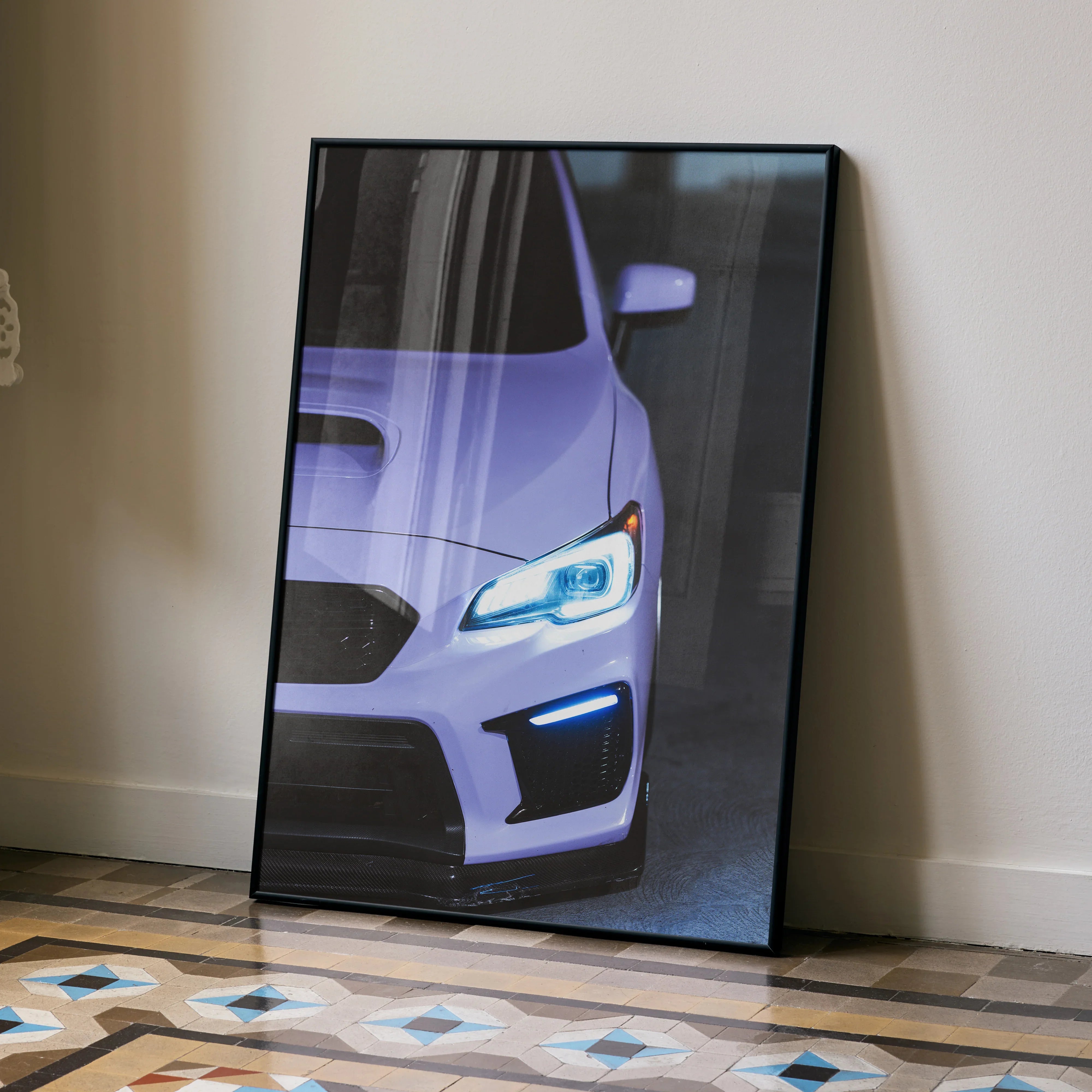 Subaru WRX front close-up poster wall art with sleek blue headlights and black frame.