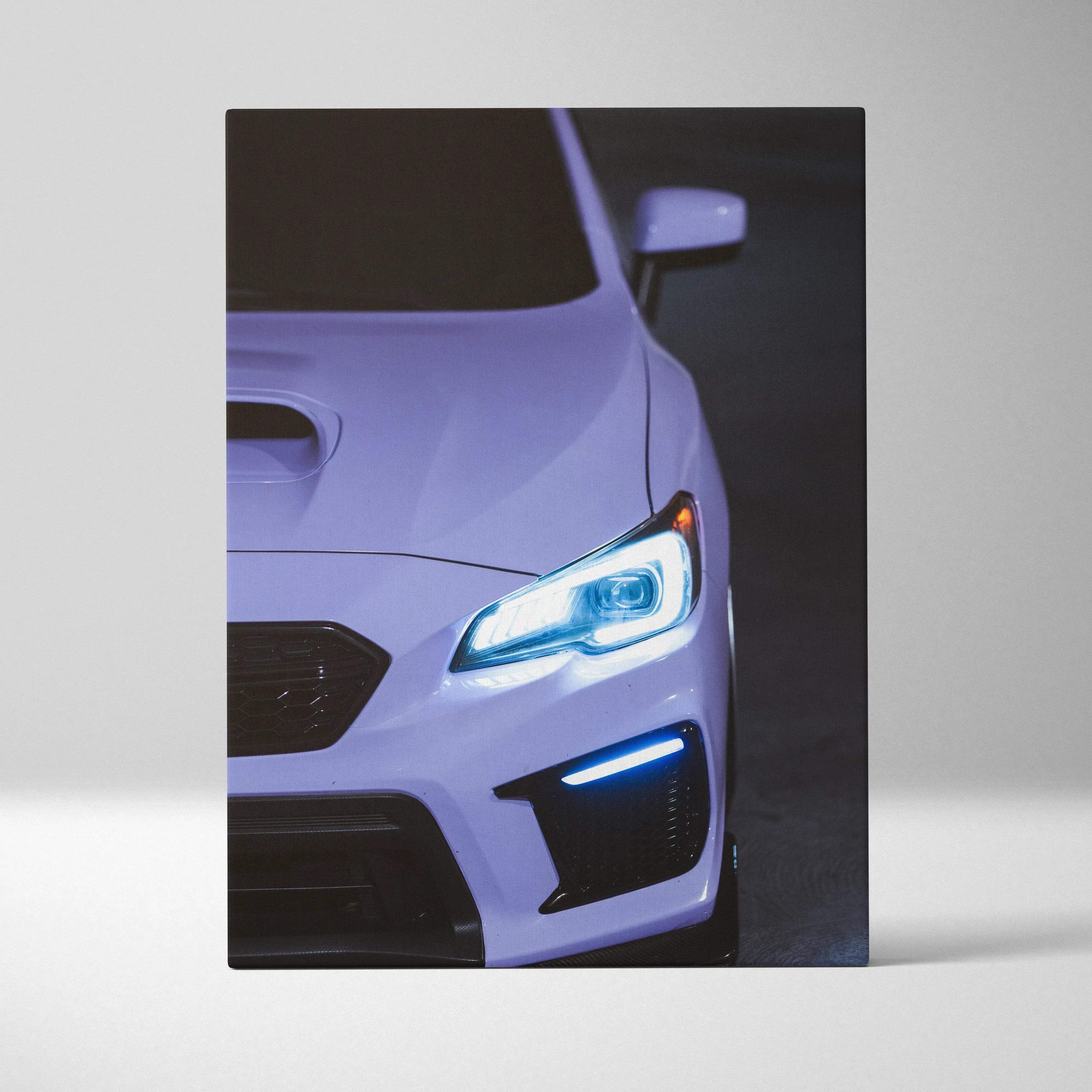 Canvas wall art of a sleek lavender Subaru WRX with sharp LED headlights and a black front grille in cool blue mood