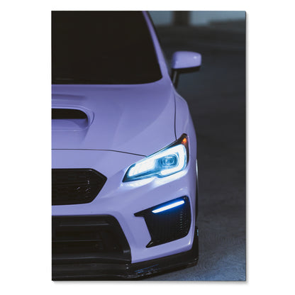 Subaru WRX front close-up with bright LED headlights and aggressive grille poster wall art.