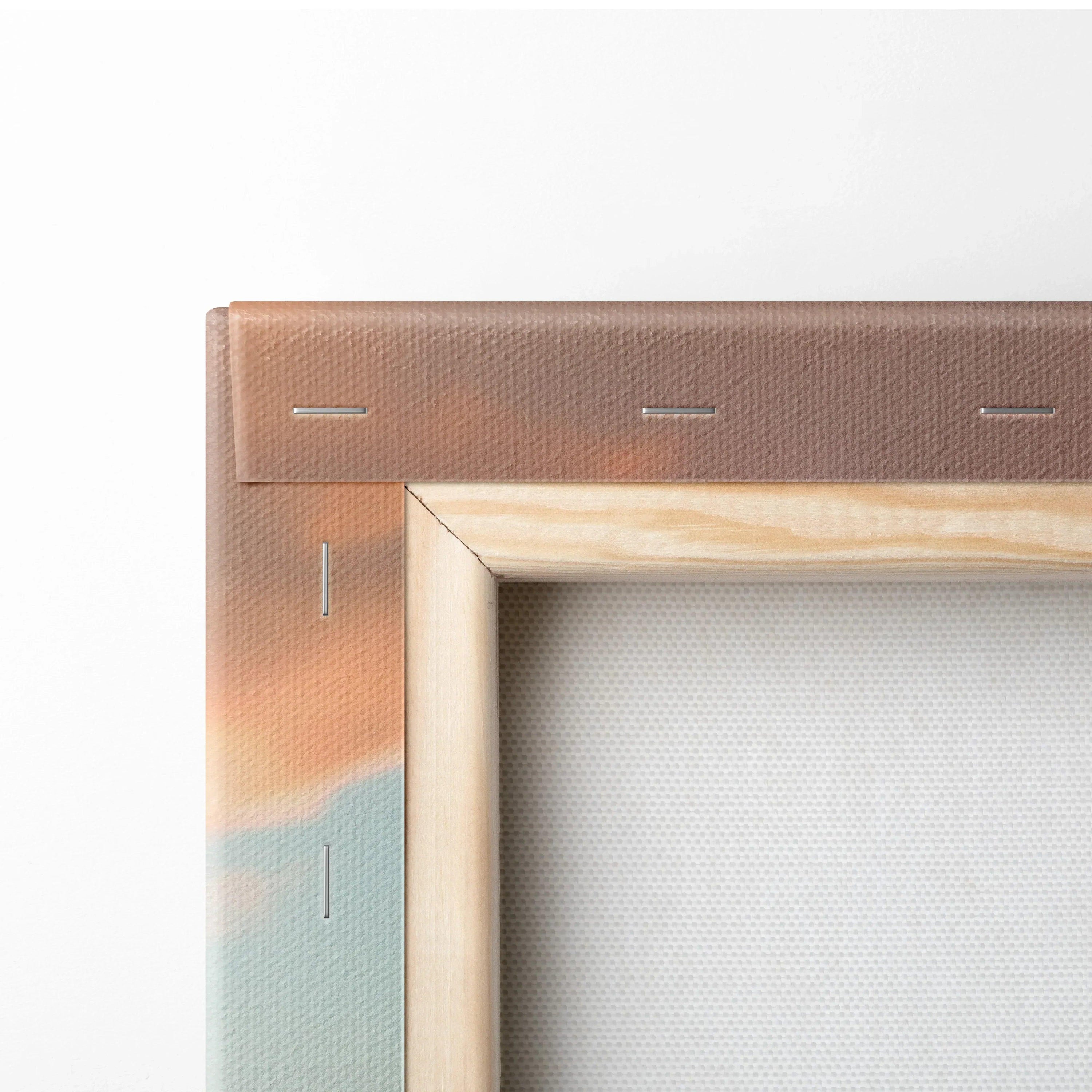 Close-up of wooden frame and stretched canvas corner for high-quality vertical car canvas art wall decor.
