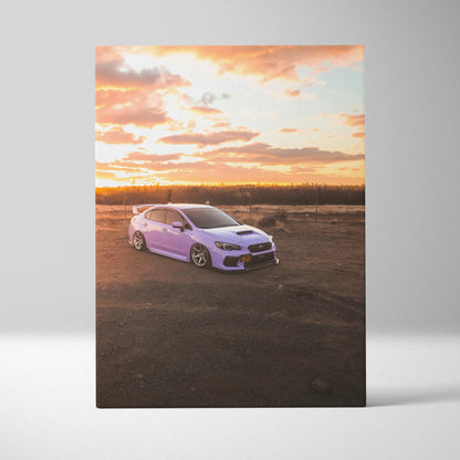 Subaru WRX parked on dirt at sunset vibrant canvas wall art with warm sky tones vertical canvas art.