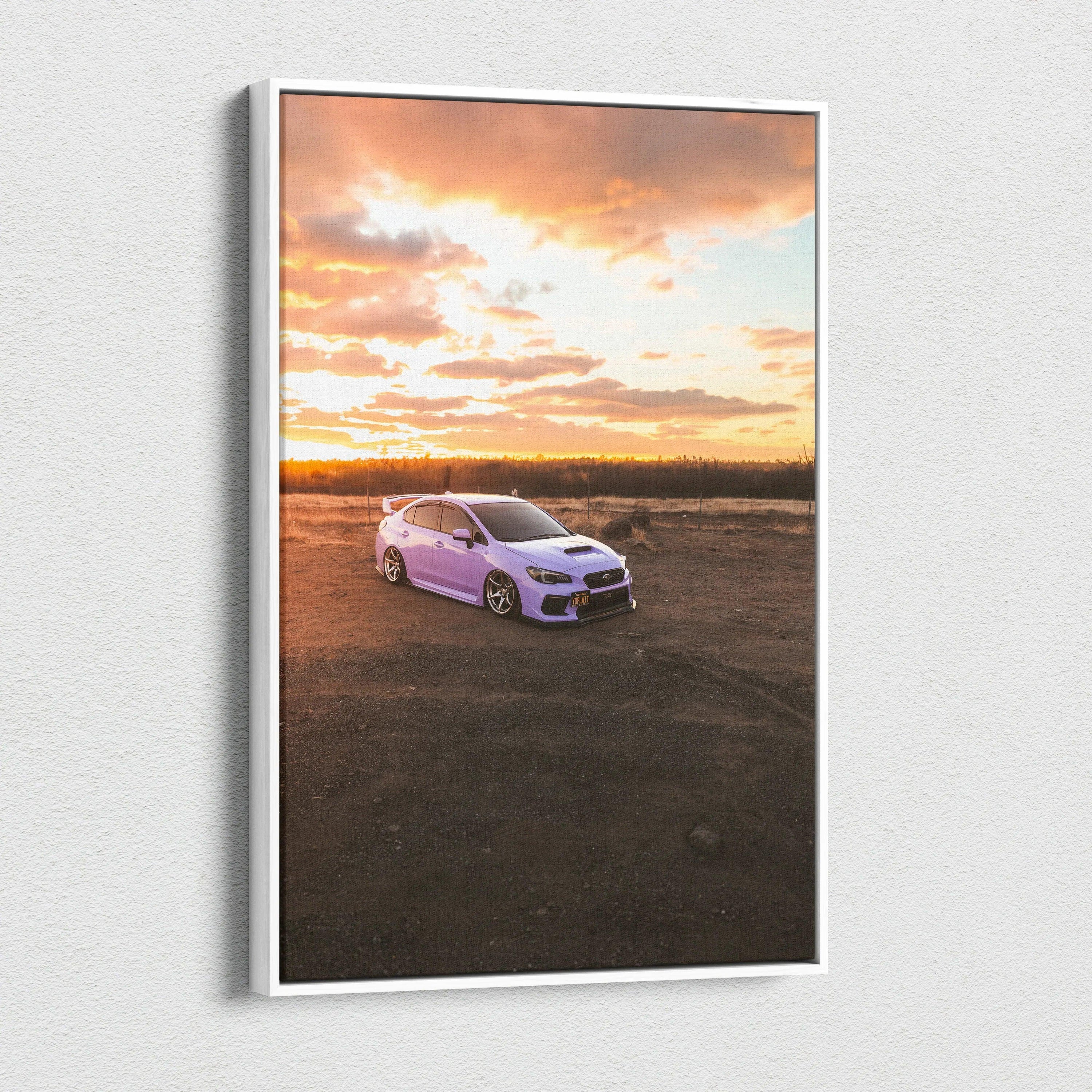 Vertical Subaru WRX canvas art featuring car at sunset, high-resolution wall art print.