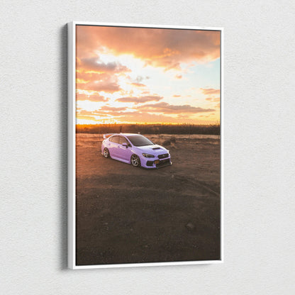 Vertical Subaru WRX canvas art featuring car at sunset, high-resolution wall art print.