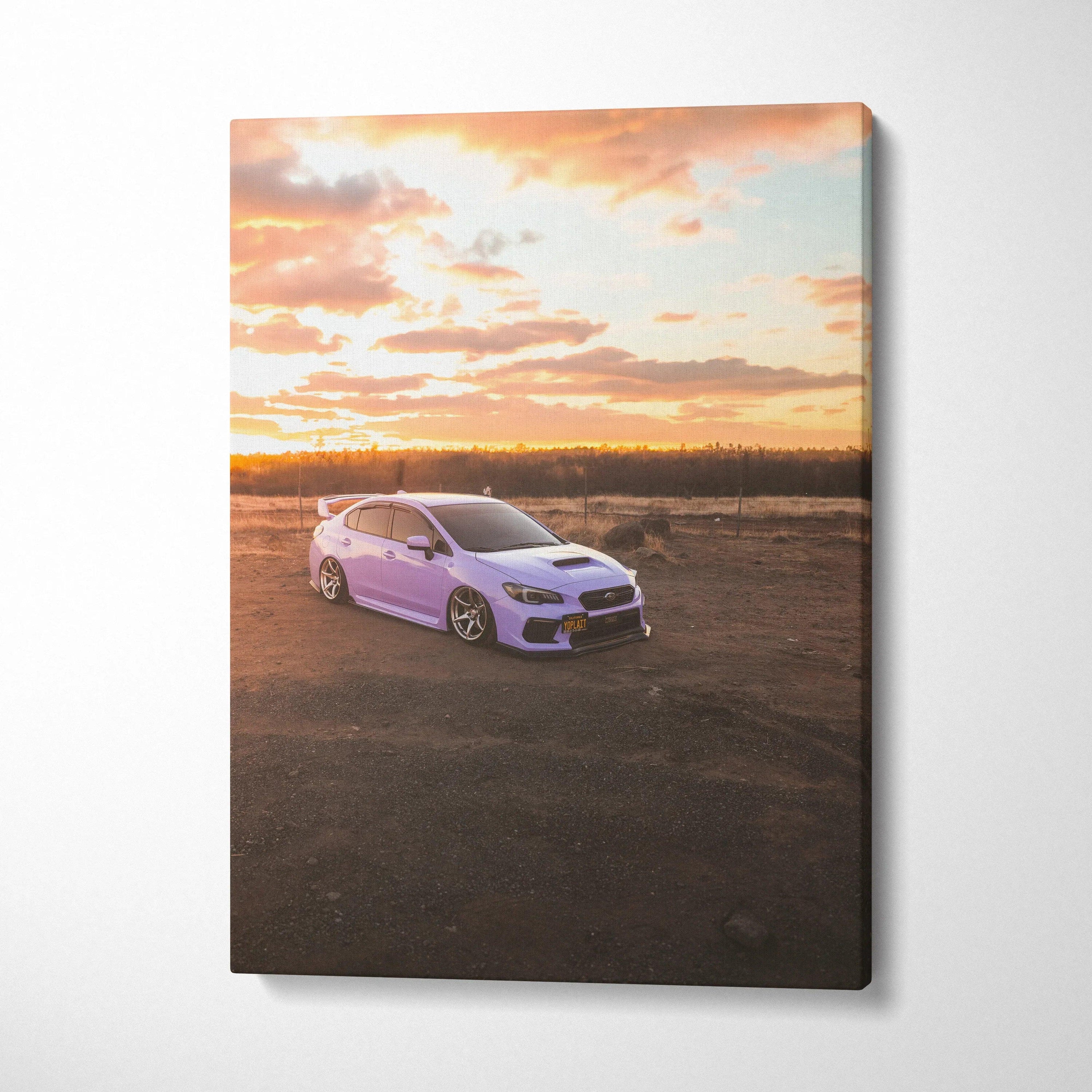 Subaru WRX at sunset on vertical canvas wall art with warm sky and detailed foreground.