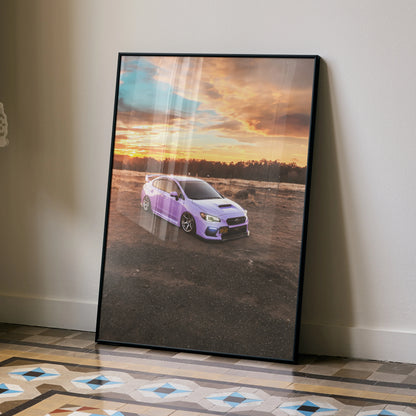 Subaru WRX purple car at sunset wall art poster with scenic sky and landscape.