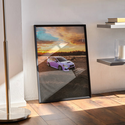 Subaru WRX parked at sunset with vibrant sky, framed automotive poster wall art.
