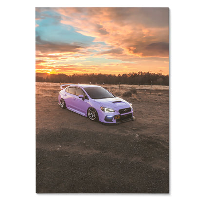 Subaru WRX in purple parked on dirt with vivid orange sunset sky poster wall art.