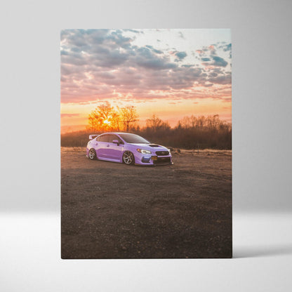 Subaru WRX in purple on dirt road at sunset vertical canvas wall art print.