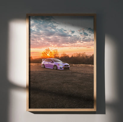 Subaru WRX poster wall art showing a lavender car at sunset with dramatic clouds and landscape.