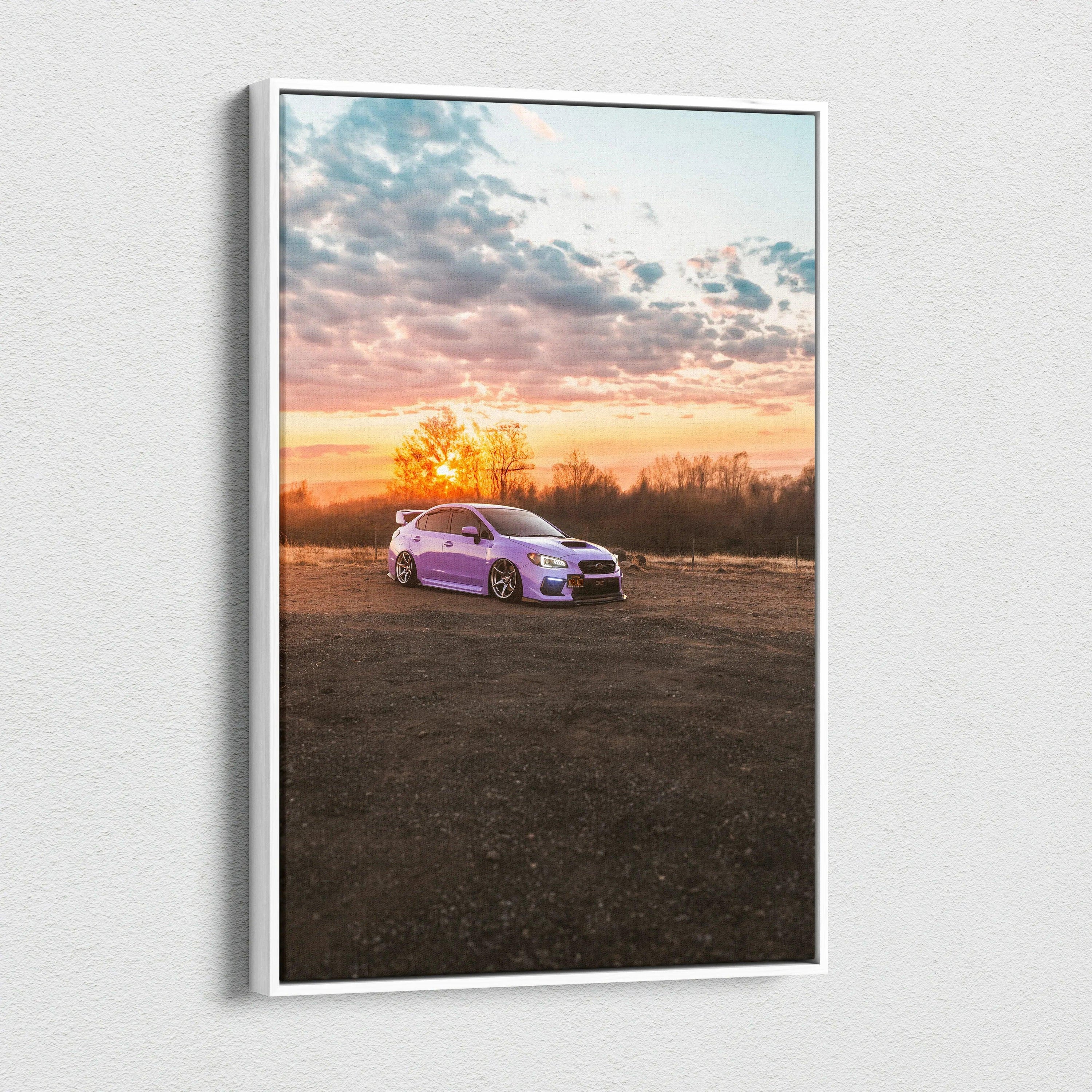 Vertical canvas wall art featuring a Subaru WRX at sunset with detailed sky and landscape background.