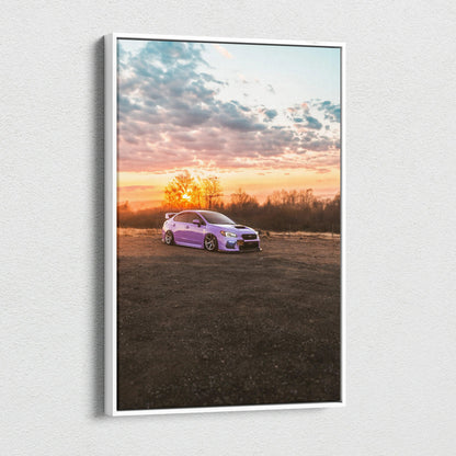 Vertical canvas wall art featuring a Subaru WRX at sunset with detailed sky and landscape background.