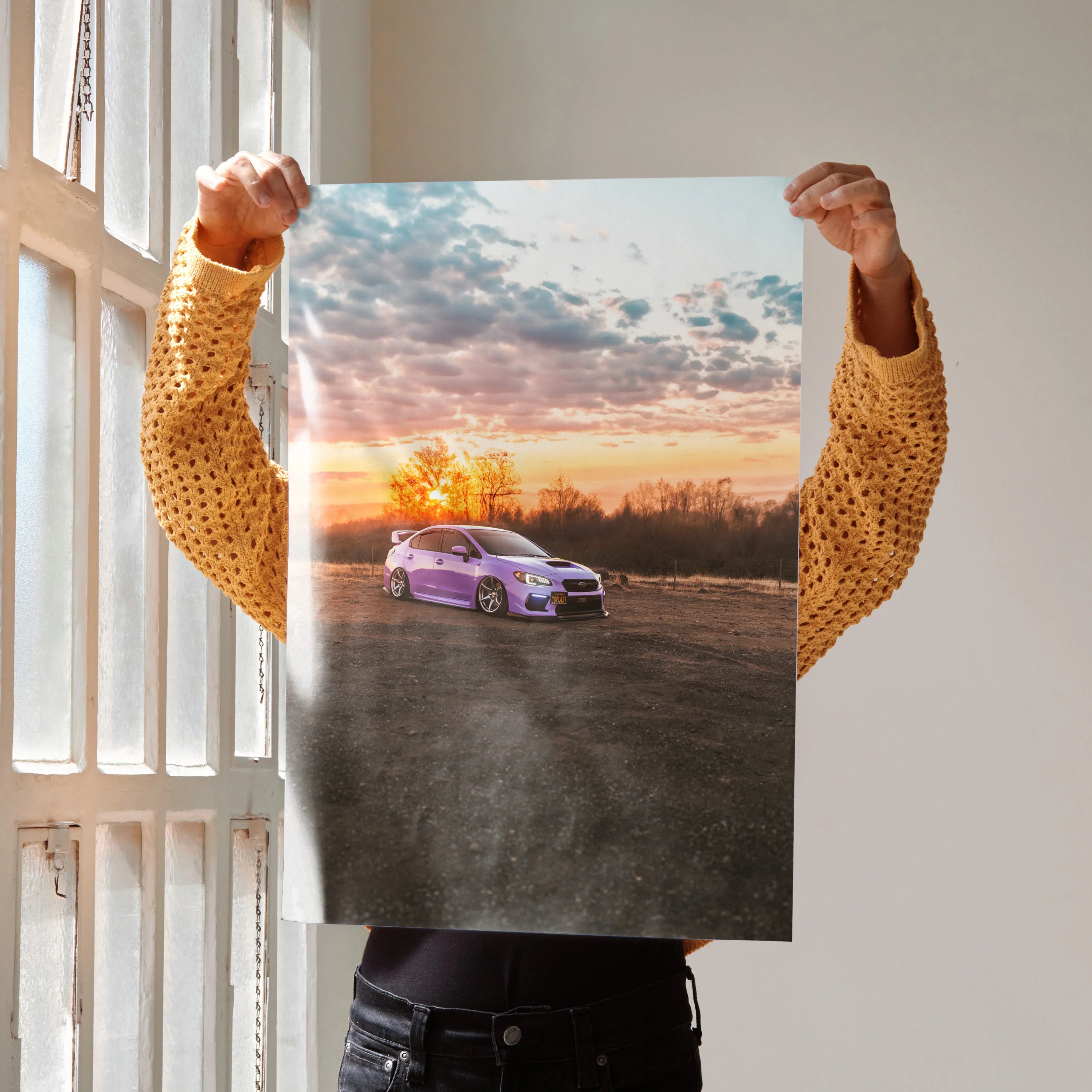 Subaru WRX purple car at sunset poster wall art with vibrant sky background.