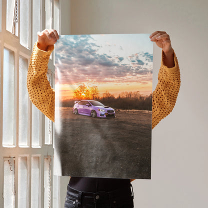 Subaru WRX purple car at sunset poster wall art with vibrant sky background.