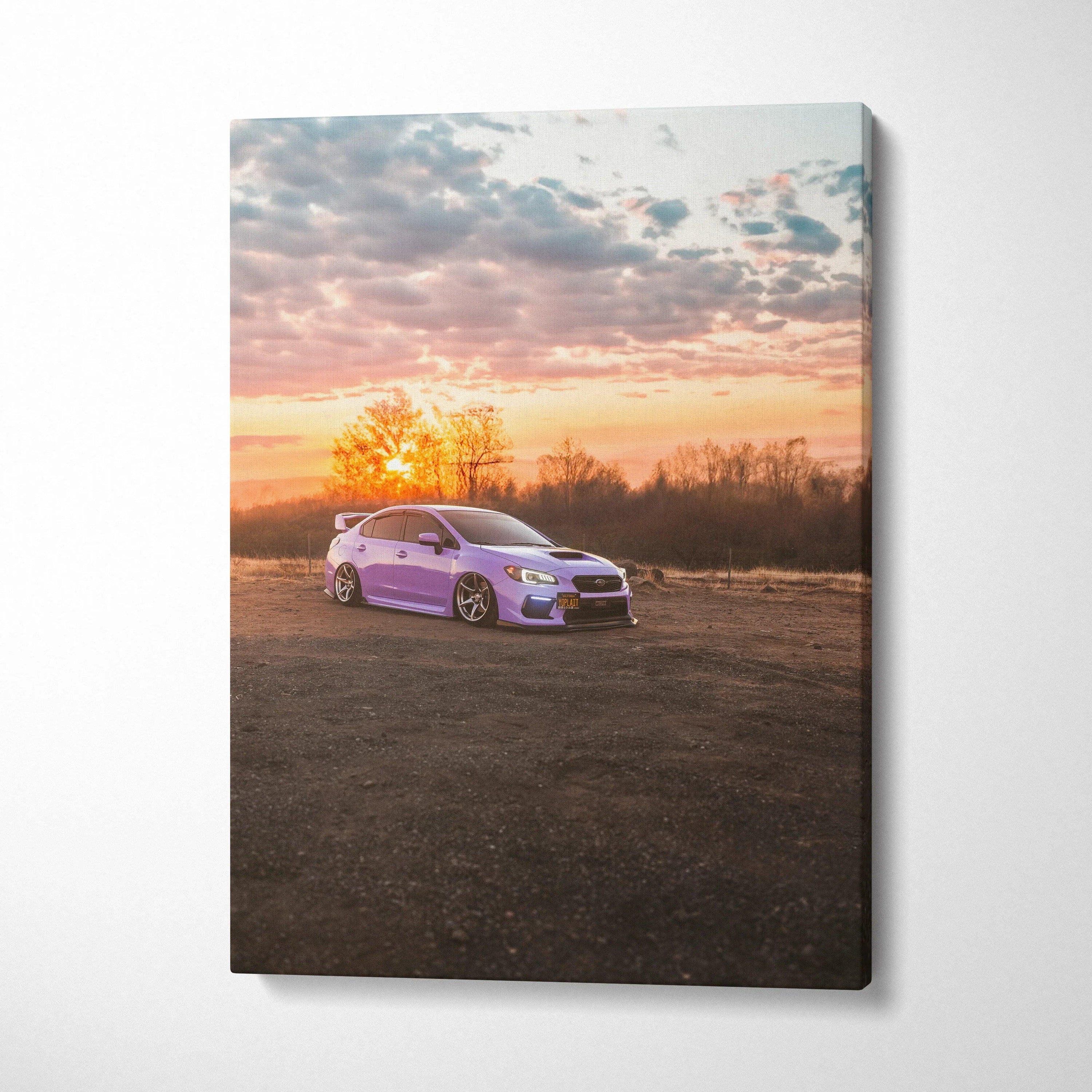 Subaru WRX purple car canvas wall art with sunset background, vertical canvas art print.