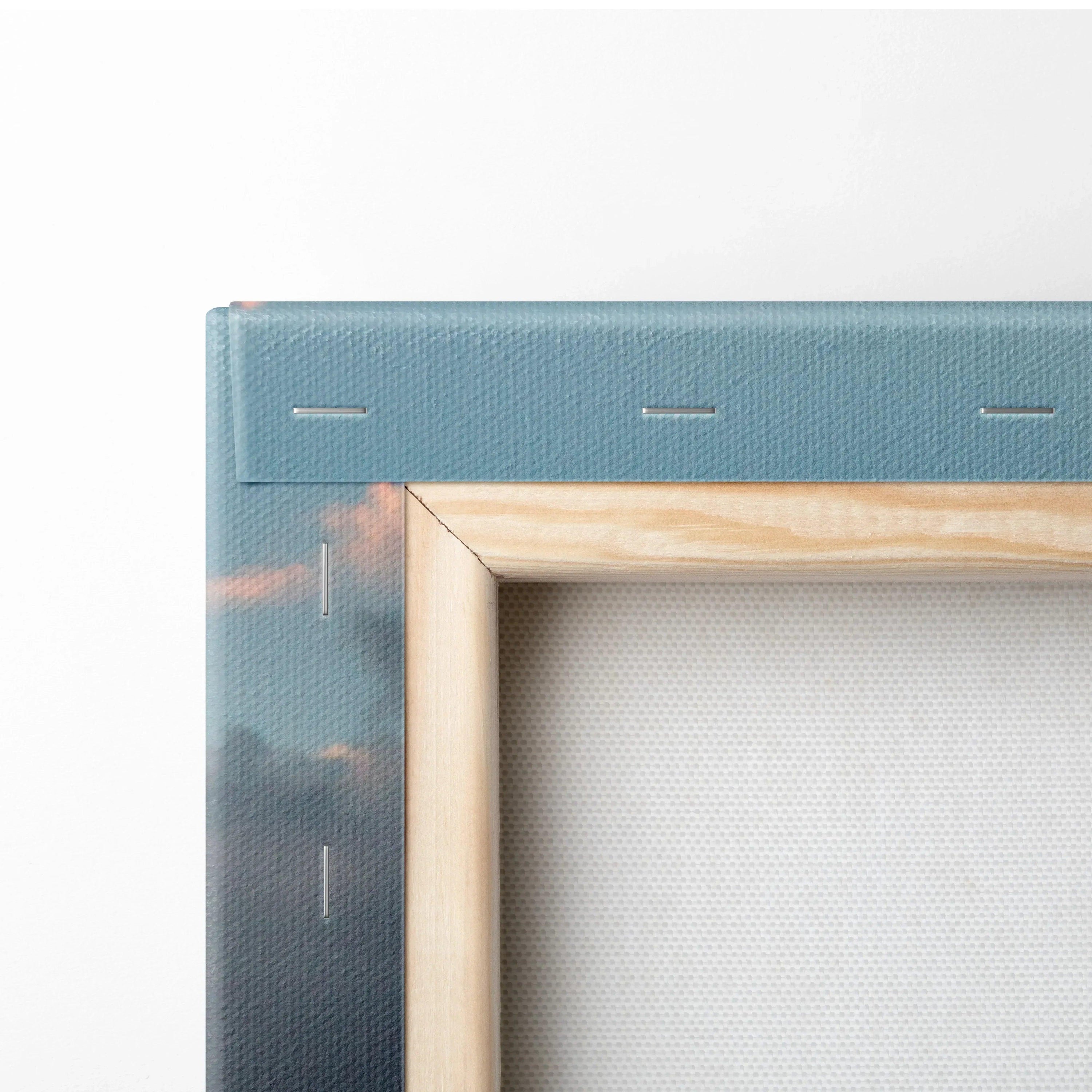 Close-up of wooden frame on Subaru WRX sunset canvas wall art with visible staples and textured fabric.