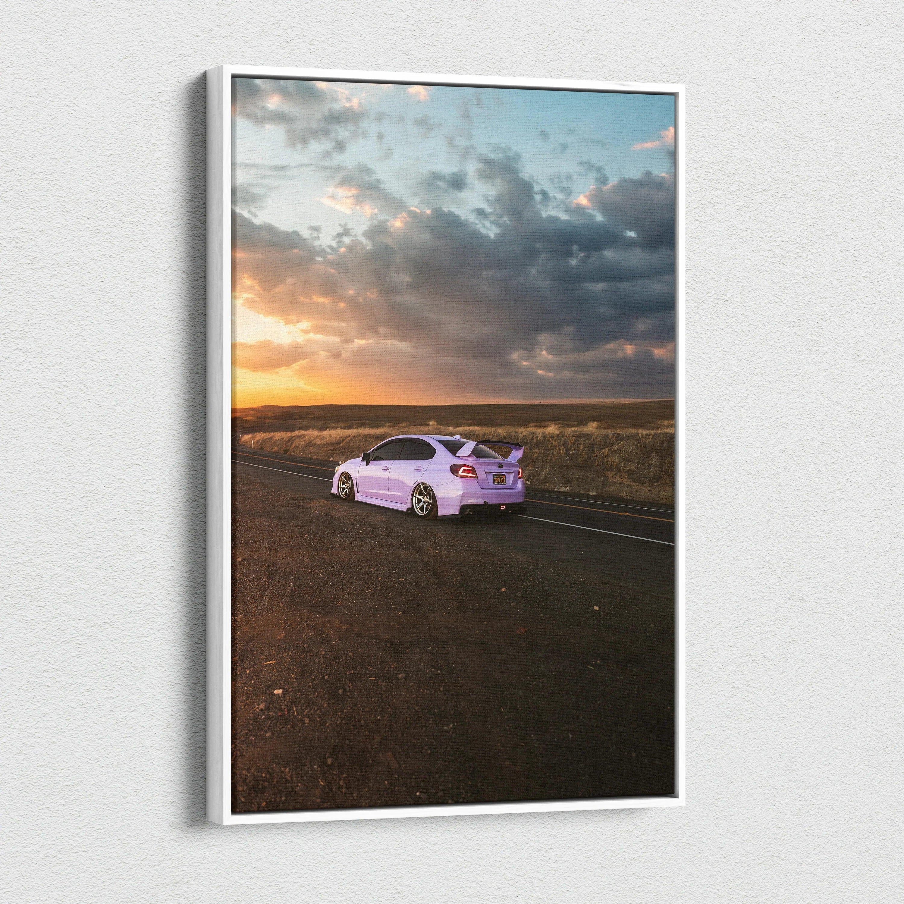 Subaru WRX on open road at sunset vertical canvas wall art print.