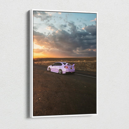 Subaru WRX on open road at sunset vertical canvas wall art print.