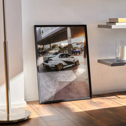 Mitsubishi Evo 10 poster with white car and gold wheels under urban bridge, premium wall art.