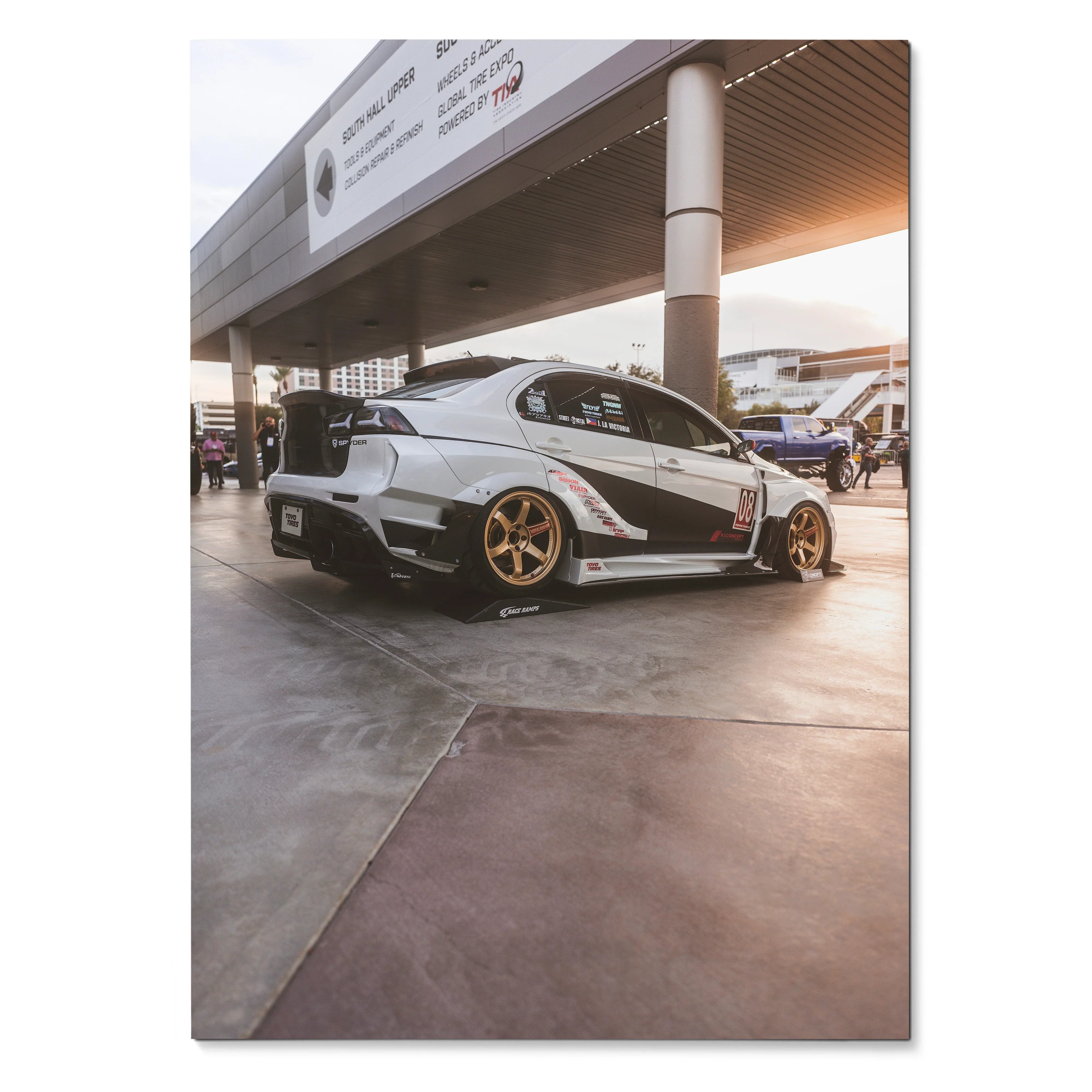 Mitsubishi Evo 10 white with custom decals and gold wheels poster wall art.