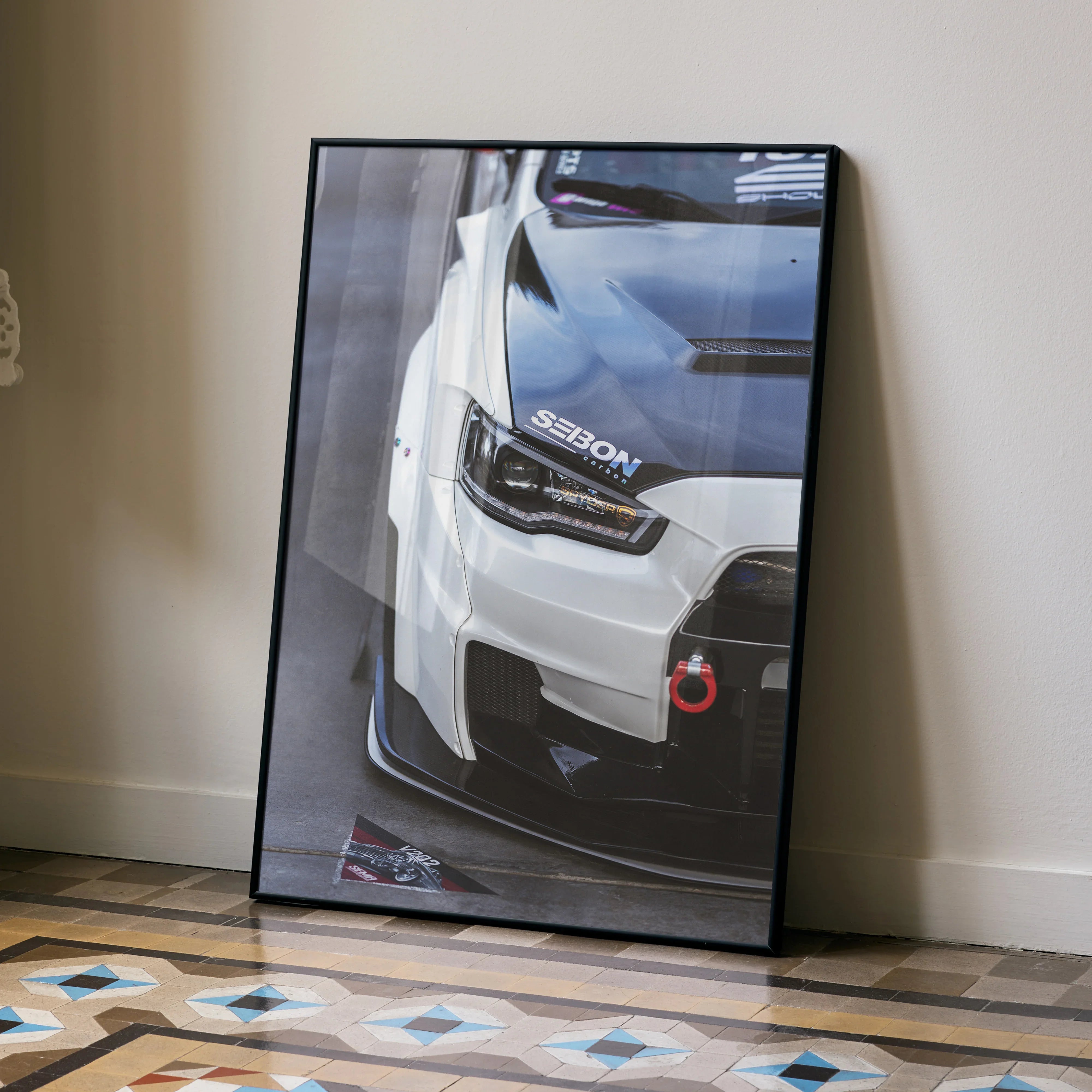 Mitsubishi Evo 10 front close-up poster framed wall art with glossy finish and sleek design.