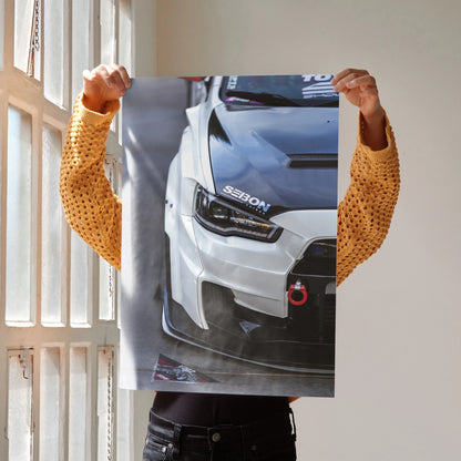 Mitsubishi Evo 10 close-up poster featuring front bumper and headlight design, wall art for automotive fans.