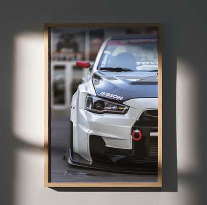 Mitsubishi Evo 10 close-up wall art poster showing front bumper and headlight in high resolution.