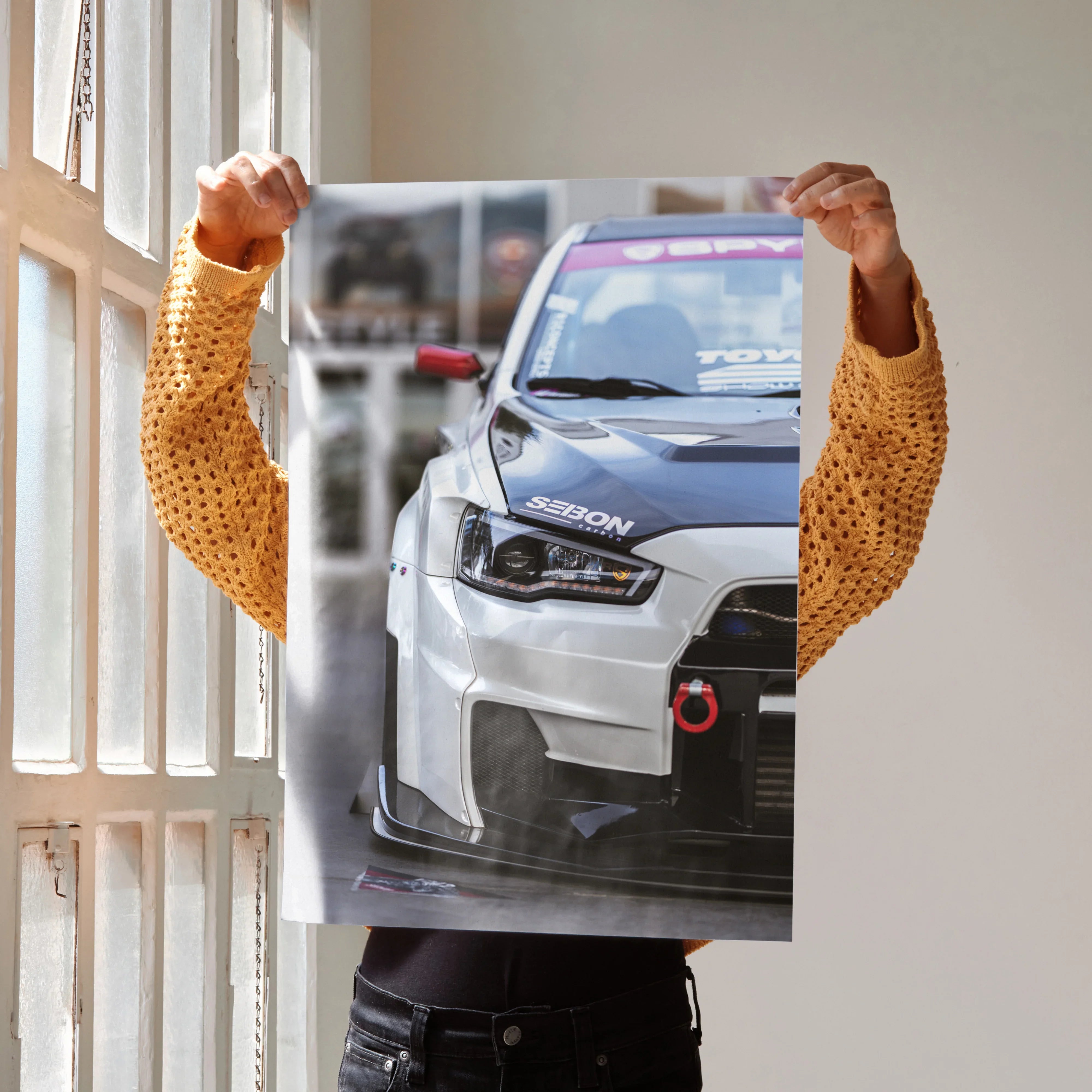 Mitsubishi Evo 10 close-up poster featuring detailed front view of silver car, wall art poster.
