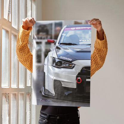 Mitsubishi Evo 10 close-up poster featuring detailed front view of silver car, wall art poster.