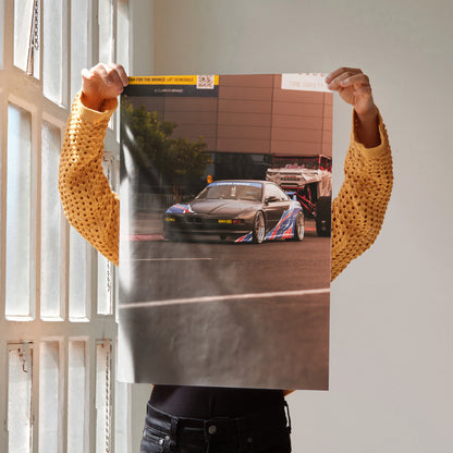 BMW E31 850ci high-resolution poster showing sleek black sports car in urban setting, wall art print.