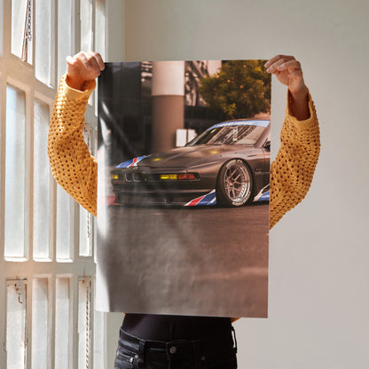 BMW E31 850ci parked street scene poster wall art with detailed front and side view.