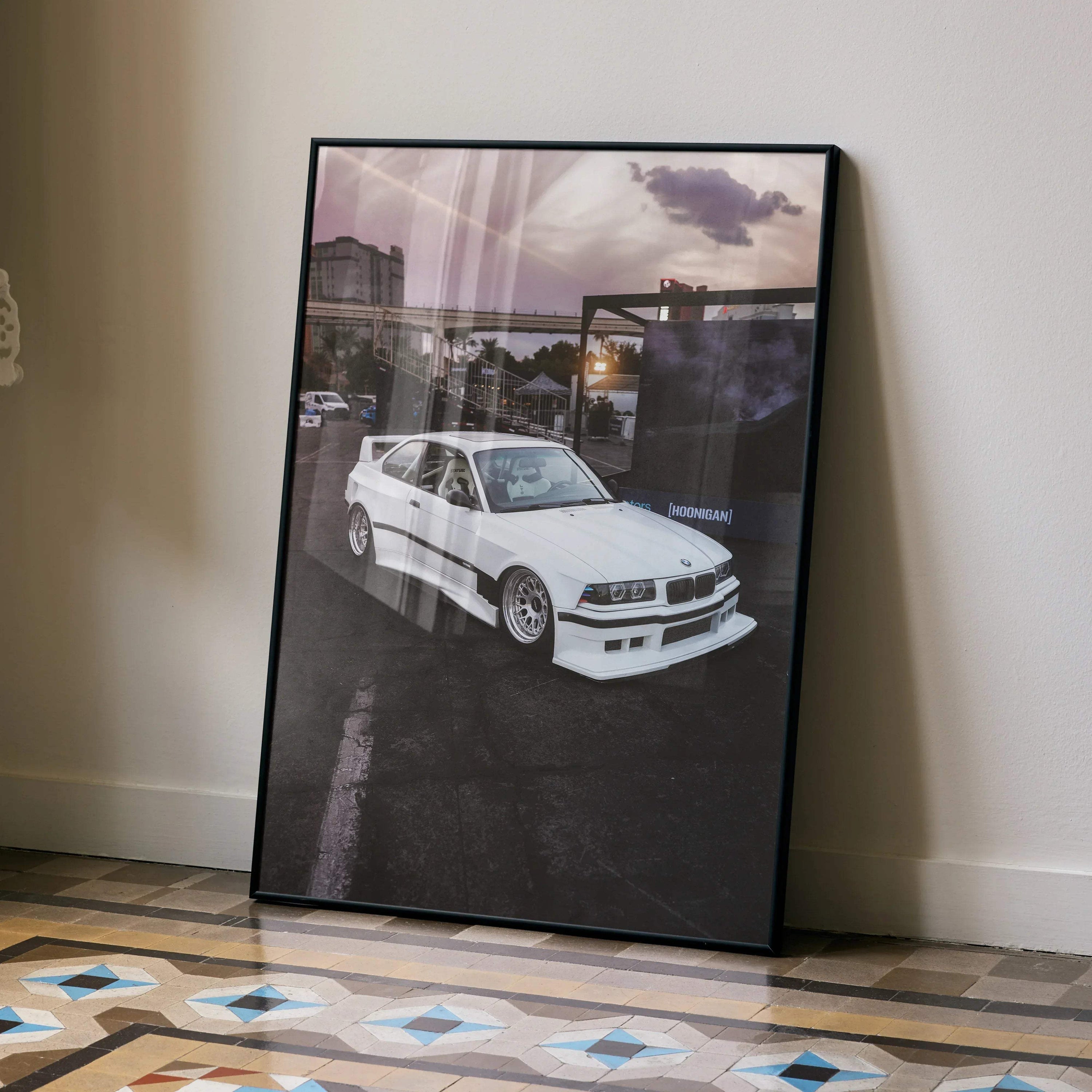 BMW E36 M3 white car poster leaning against wall, high-resolution performance wall art.