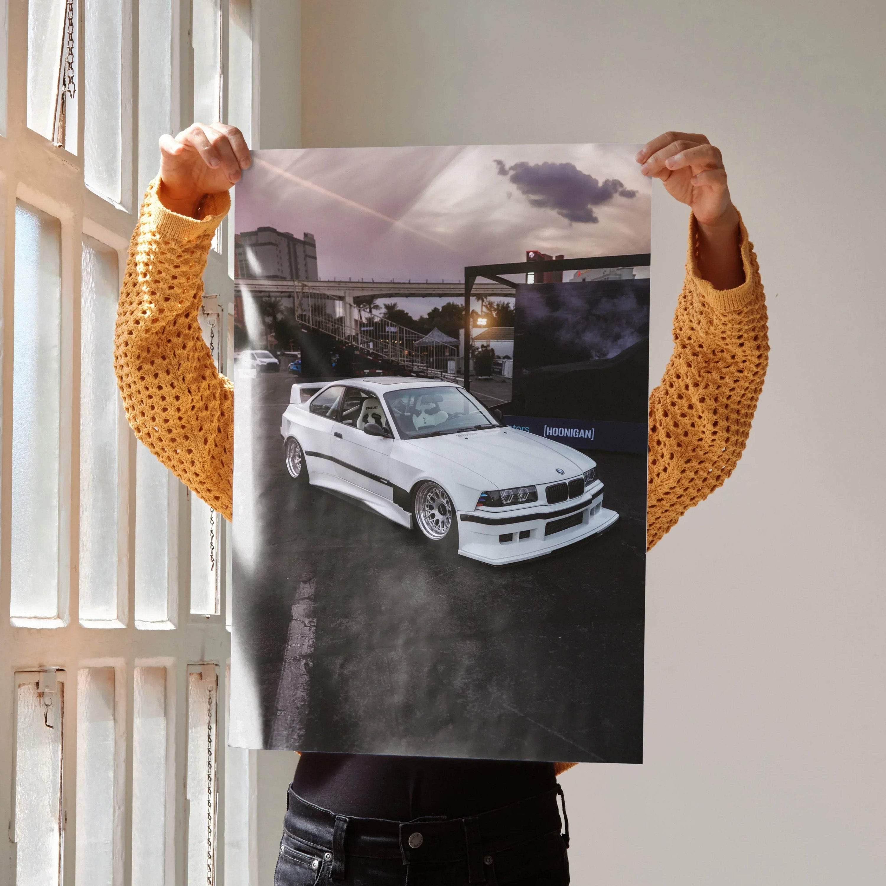 BMW E36 M3 white sports car poster with urban background, high-quality wall art.