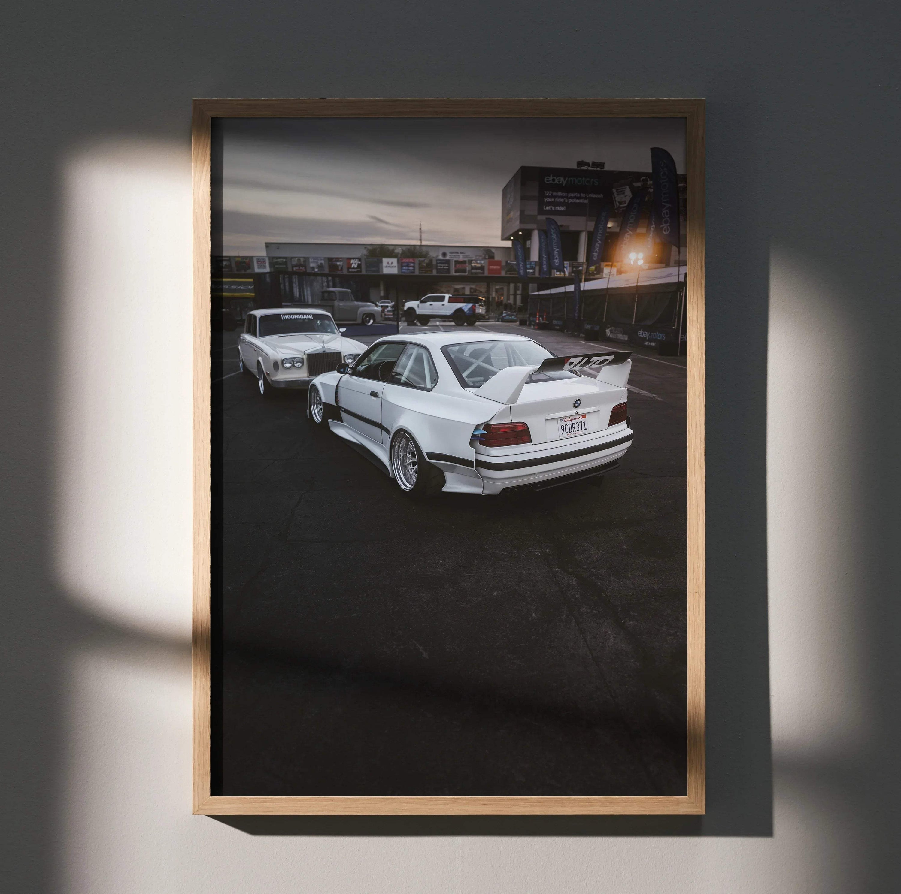 BMW E36 M3 white sports car poster with urban night scene, premium wall art decor.