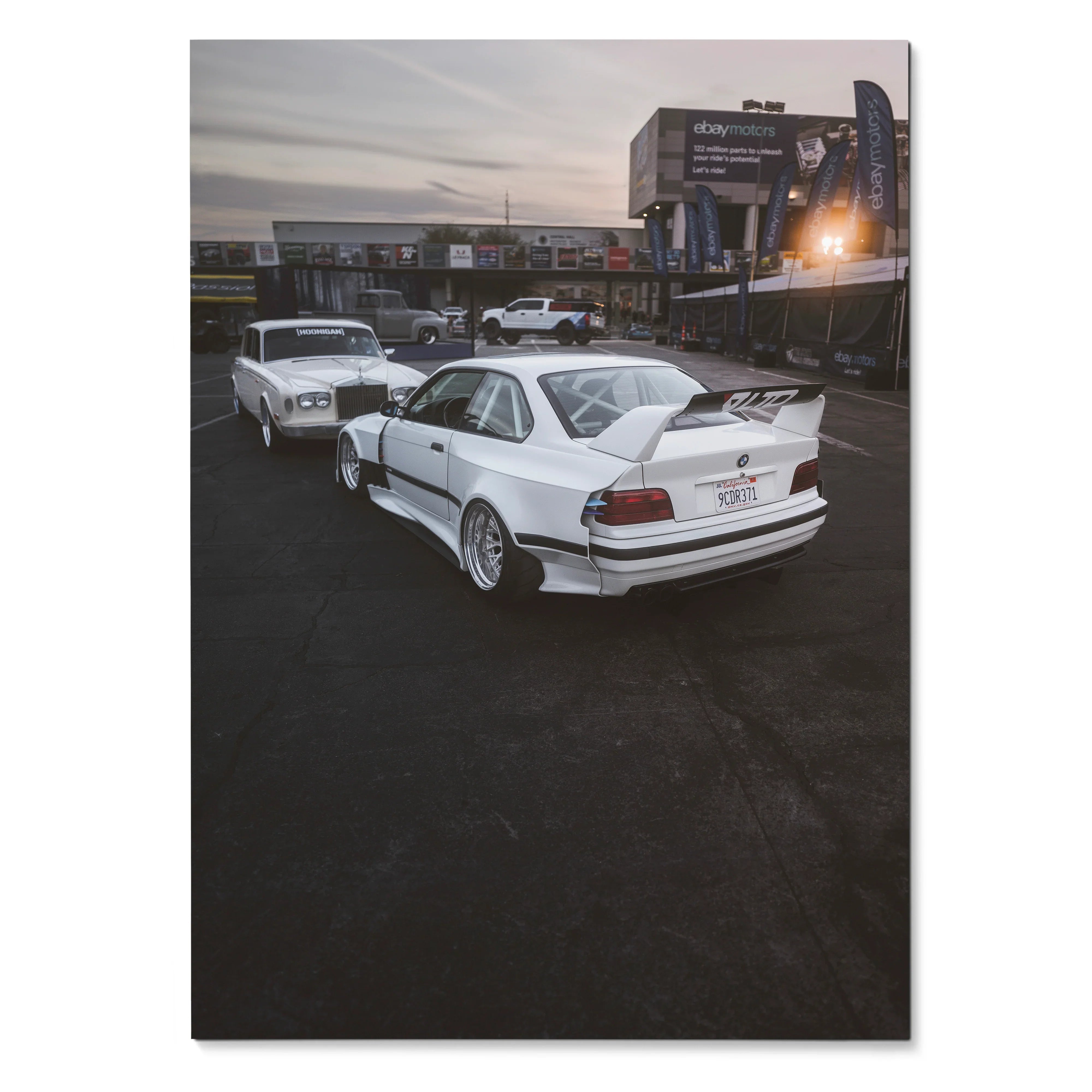 BMW E36 M3 in white racing on track at dusk poster wall art.