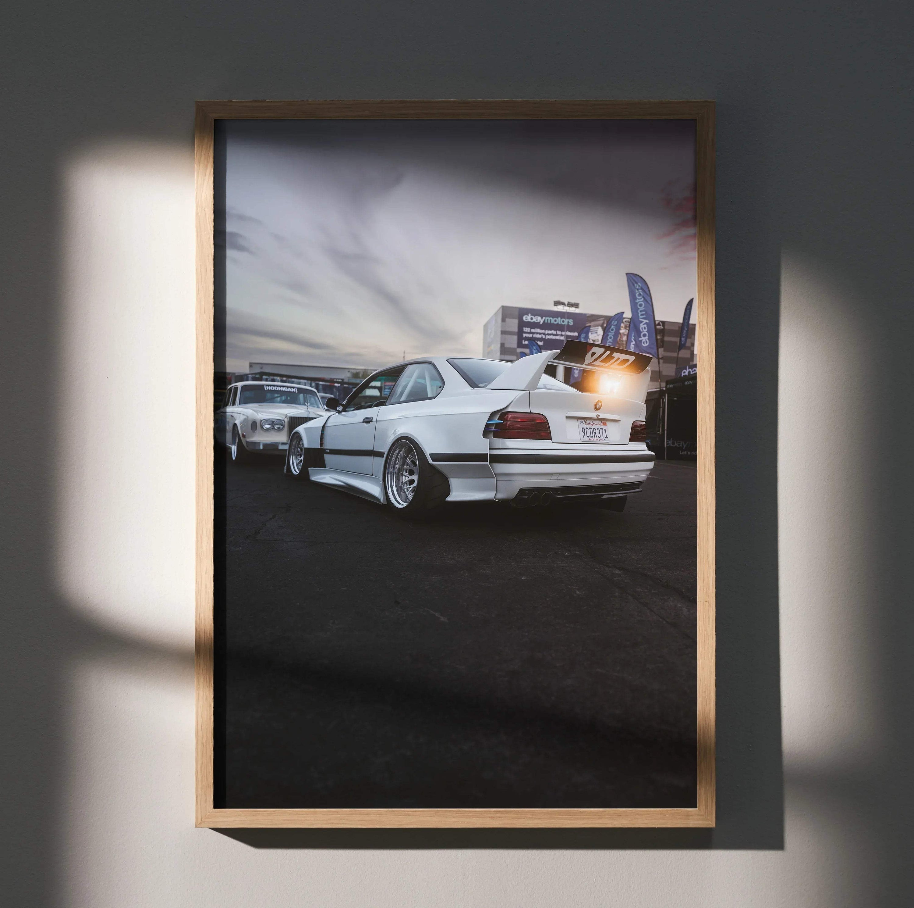 BMW E36 M3 widebody white sports car poster with sunset automotive wall art.