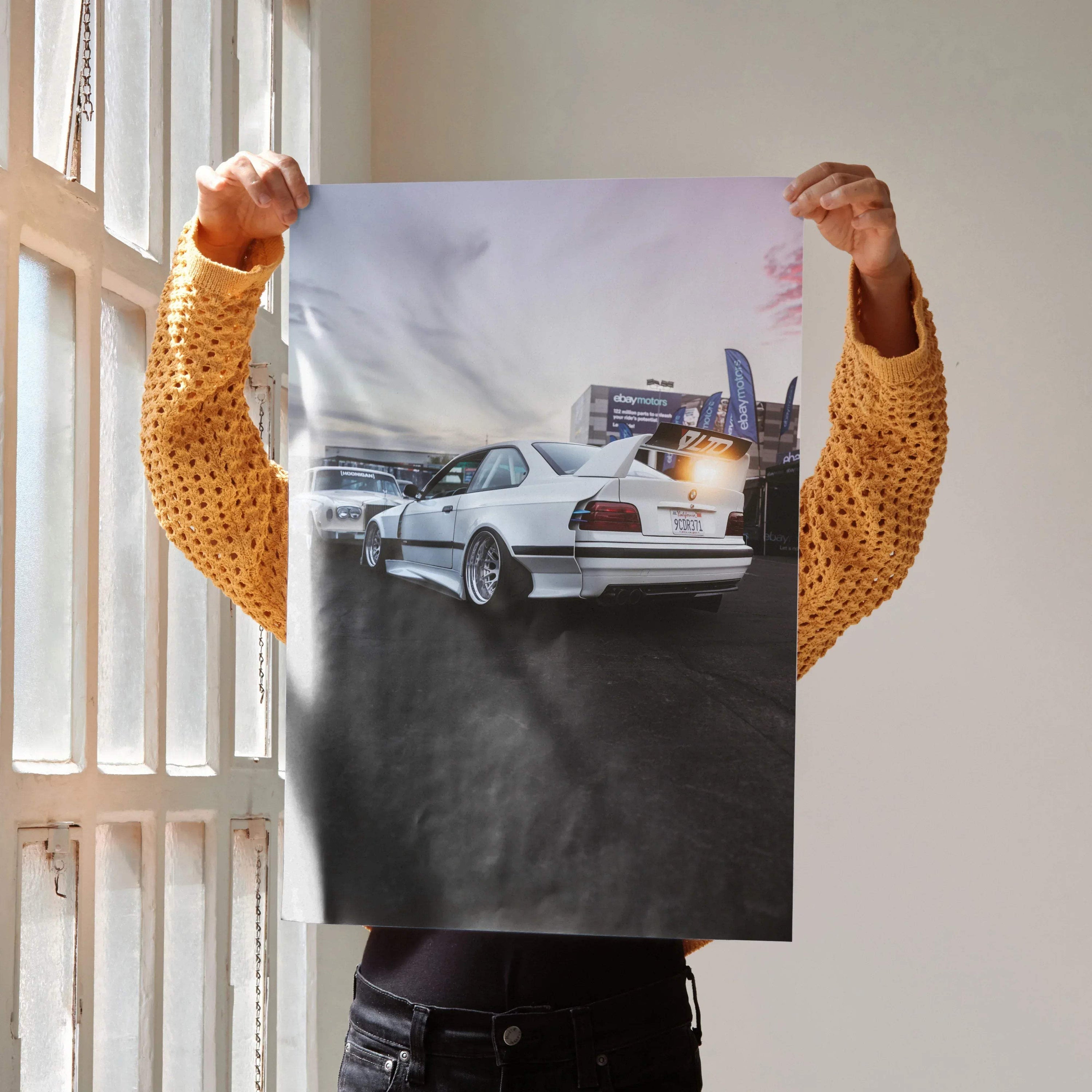 BMW E36 M3 widebody white car poster with city backdrop automotive wall art.