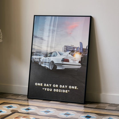 BMW E36 M3 parked on racetrack with inspirational text motivational poster wall art.