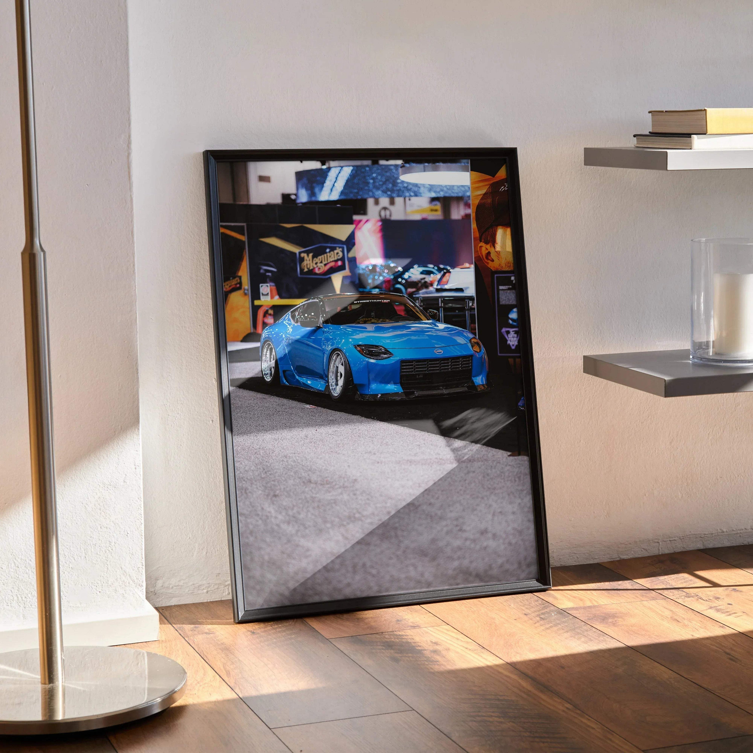 Nissan Z (RZ34) bright blue sports car poster leaning against wall modern wall art.