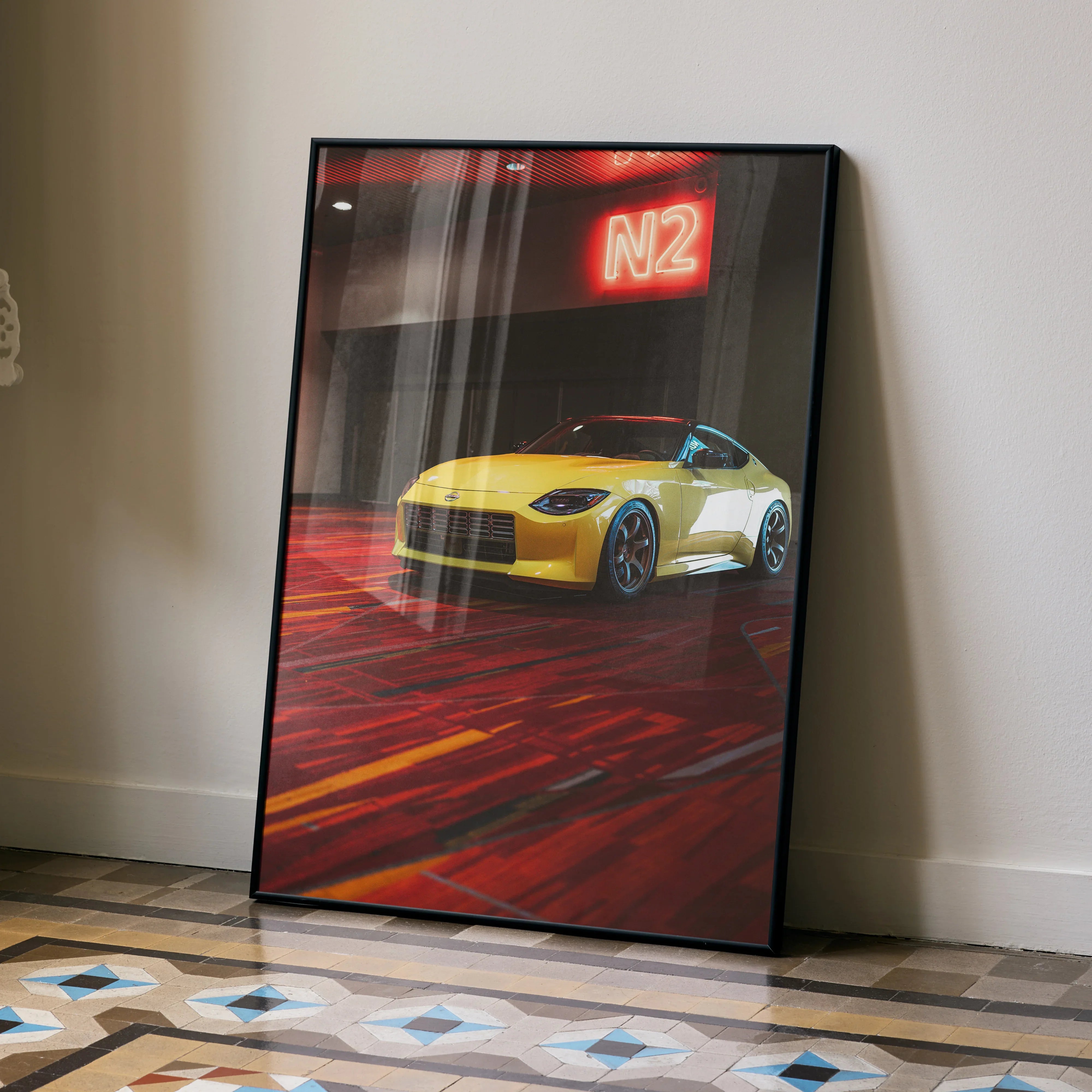 High-resolution poster of yellow Nissan Z (RZ34) sports car with red neon N2 sign, wall art.