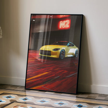 High-resolution poster of yellow Nissan Z (RZ34) sports car with red neon N2 sign, wall art.