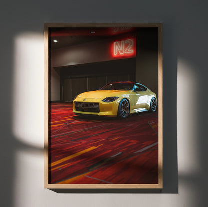 Nissan Z (RZ34) yellow sports car poster with dark garage and red neon M2 sign wall art.