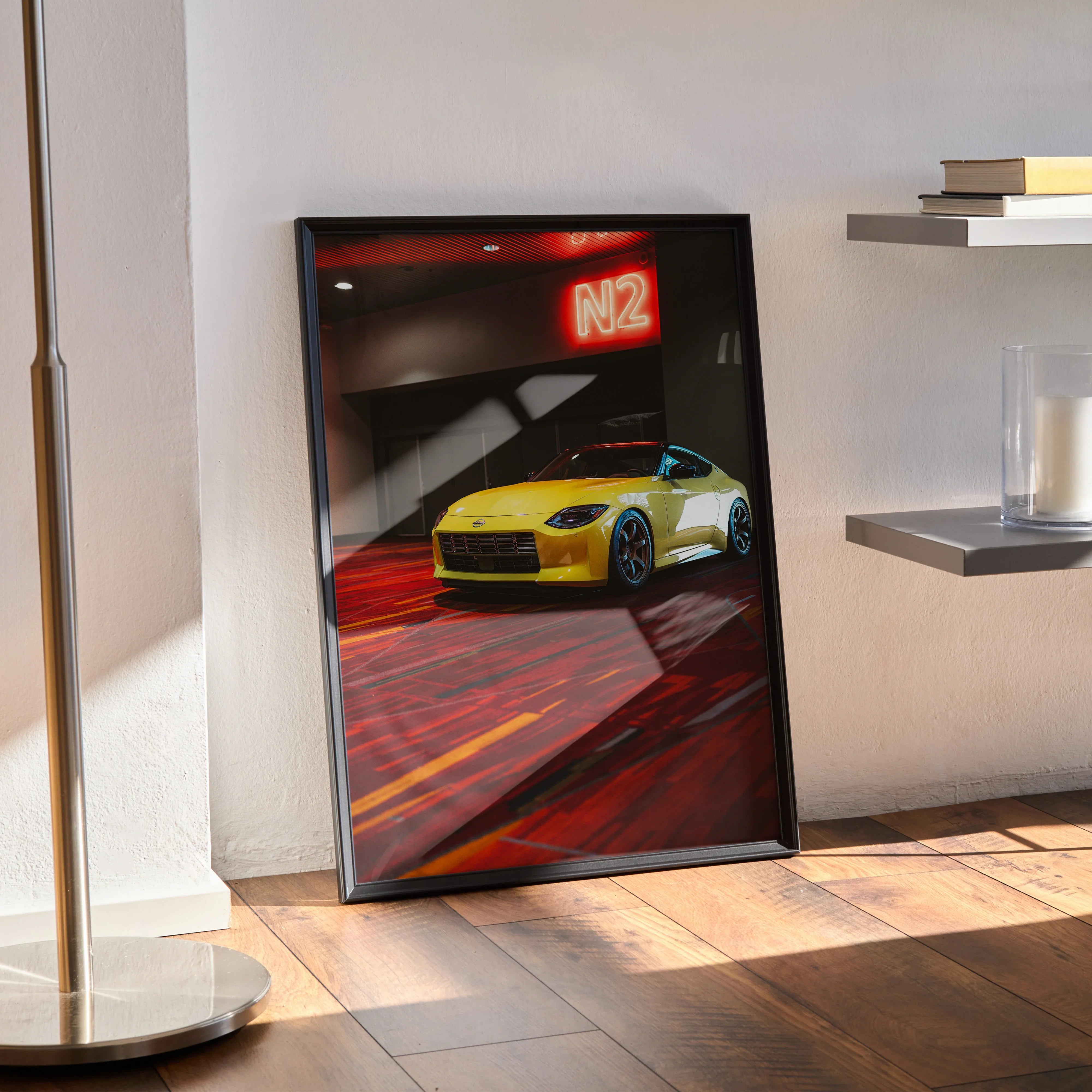 Nissan Z (RZ34) yellow sports car poster with high contrast, modern wall art in black frame.