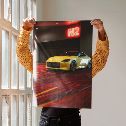 Nissan Z (RZ34) yellow sports car poster with red neon N2 sign, modern wall art.