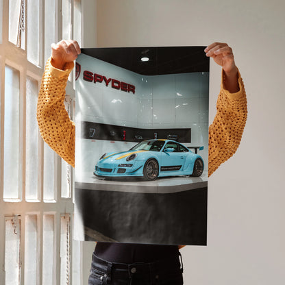 Porsche 911 Carrera 4 Spyder in blue on glossy automotive poster wall art.