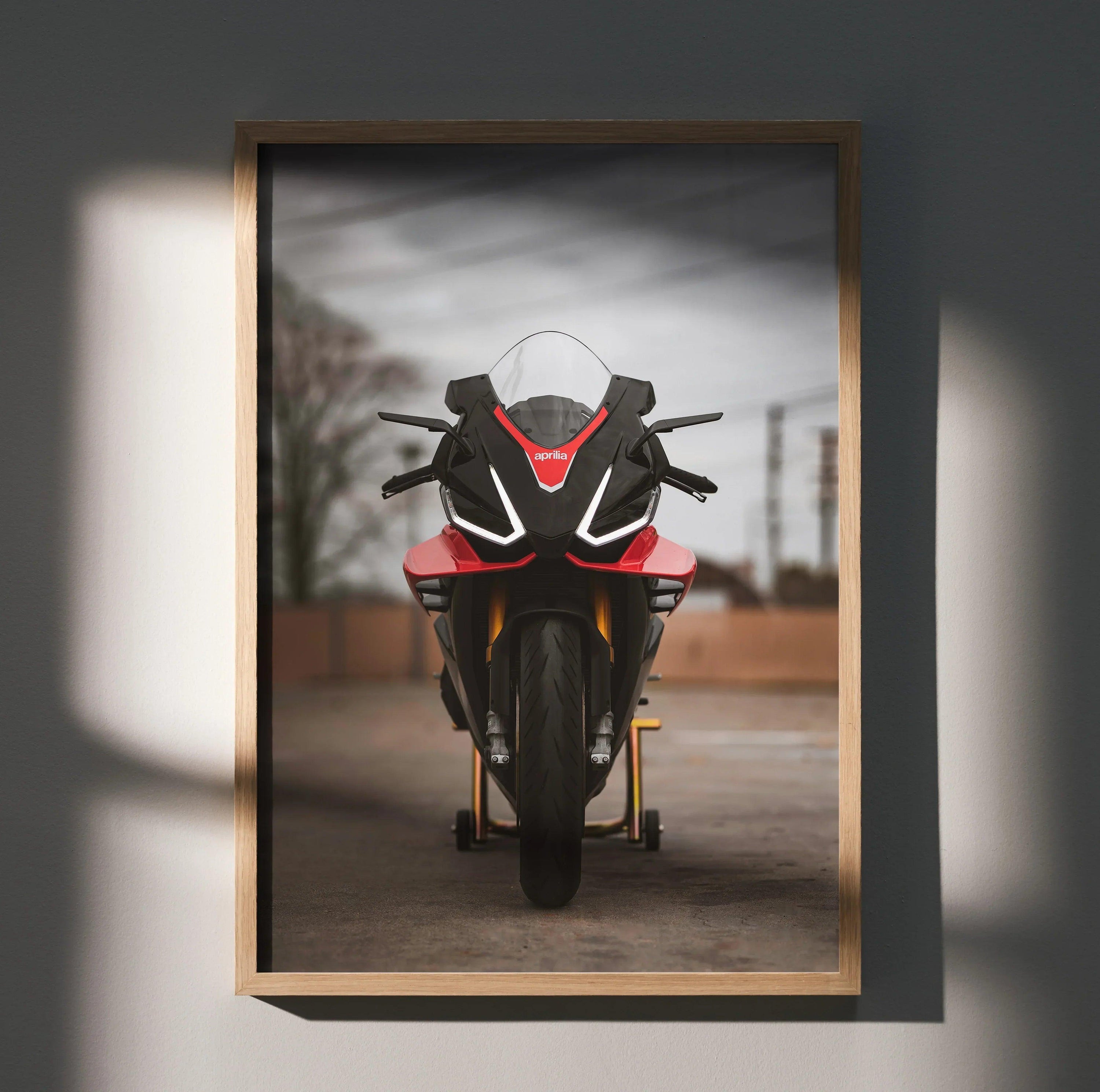 Aprilia RSV4 1100 Factory motorcycle poster with black, red, and white accents, wall art in wooden frame.